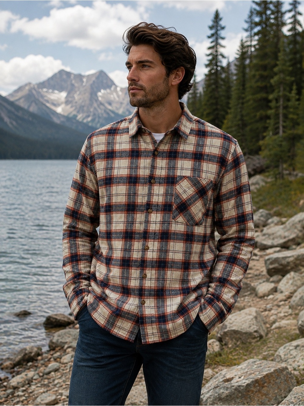 Field & Stream Men’s Lg Plaid Flannel Shirt Navy Rust Cream Outdoor Cabin